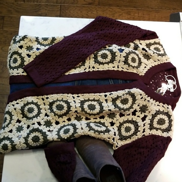 b-SHARP Open-weave Crochet Cardigan Sweater Maroon - Picture 5 of 5